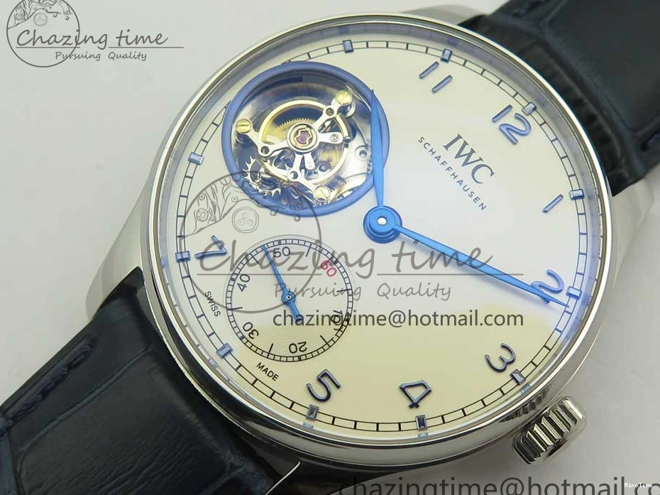 MIROTIME 0111 Cozy Portuguese Tourbillon IW5463 SS ZF Best Edition White Dial Blue Hands on Blue Leather Strap 7172